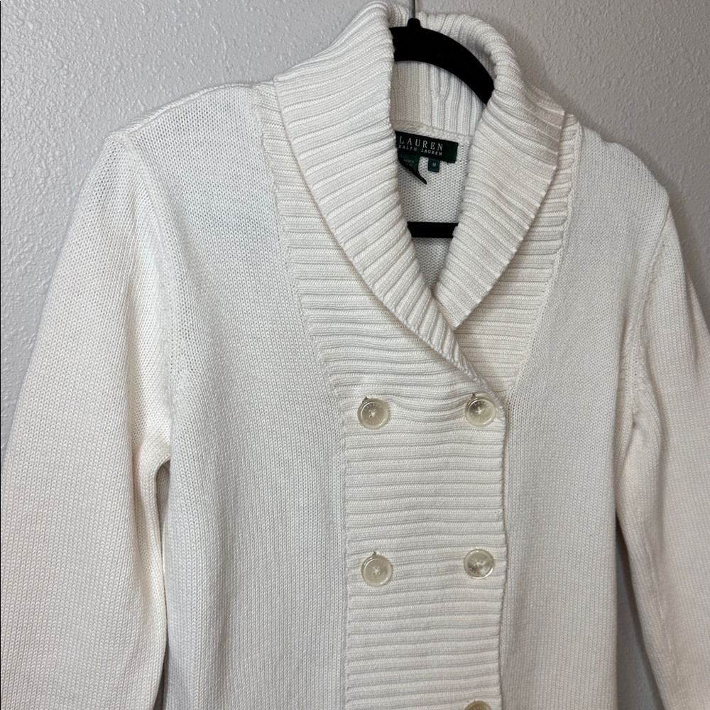 Lauren Ralph Lauren Ivory Cream Double-Breasted Cardigan Sweater 100% Cotton - M - Picture 4 of 16